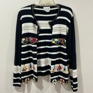 Vintage Just B‎ Nautical Navy and White Striped Beaded Cardigan Sweater Medium